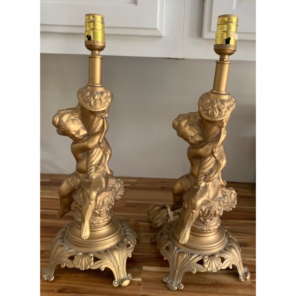 Other - Vintage Gold Cherub Table Lamps Pair Ornate Regency Retro Old Money Quiet Luxury